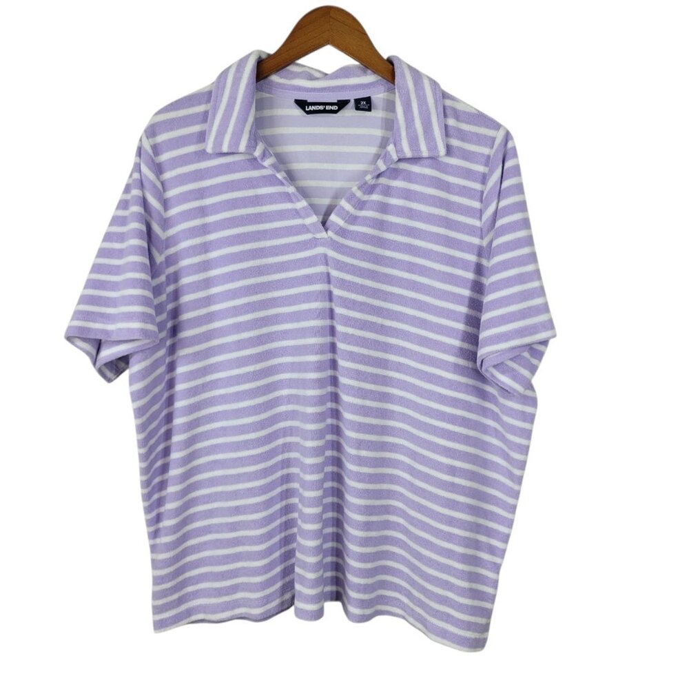 Lands End Women Plus Size 2X 20W 22W Top Polo Terry Cloth Stripe Purple Pullover
